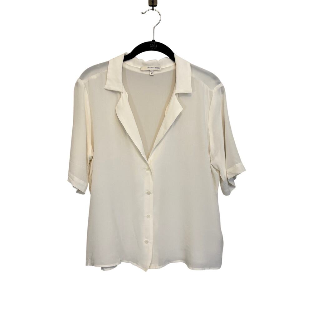 Lavender Brown Button-Up Shirt M Ivory Silk Relaxed Old Money Career Work NWT